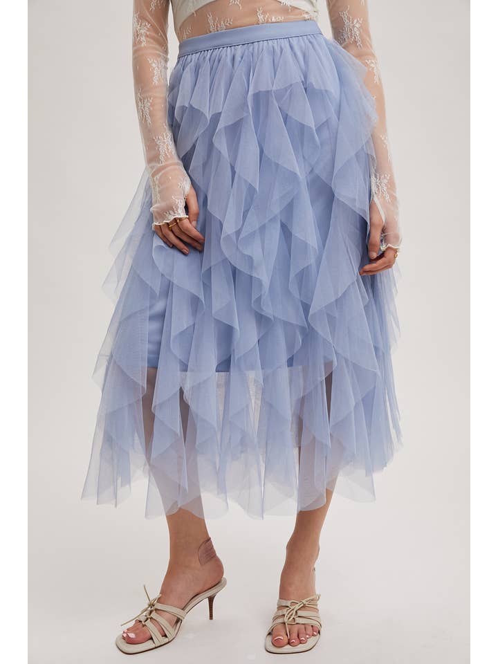 Bluivy - Wholesale Skirt - Women's - SPRIAL RUFFLED TULLE MIDI SKIRT