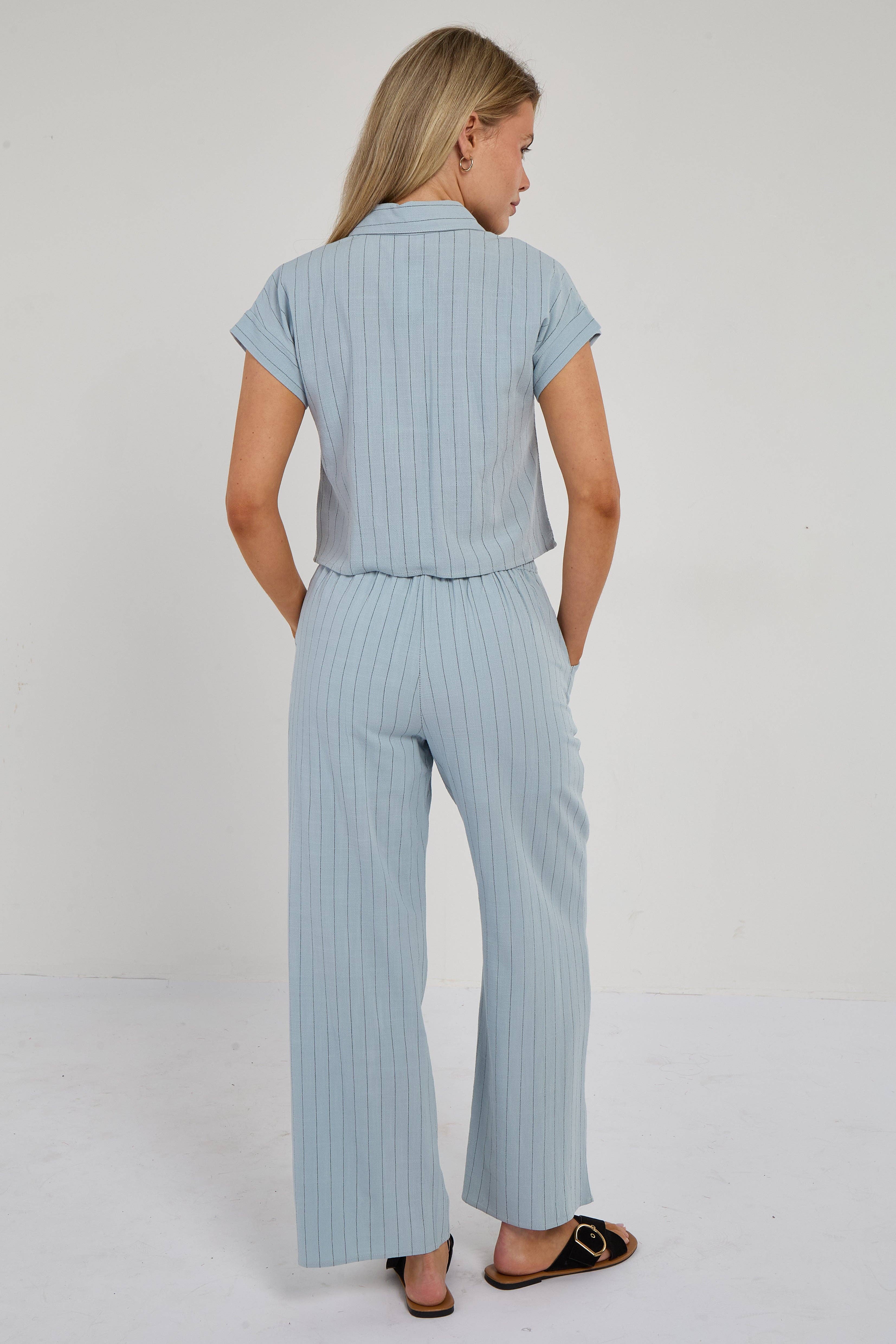 Baby Blue Pinstripe Linen Shirt and Trousers set for wholesale on Faire7