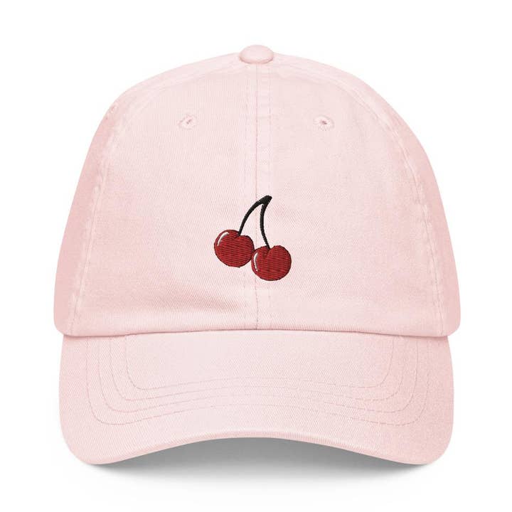 "Double Cherries" Embroidered Pastel Hat för wholesale av Tiny Cow Designs
