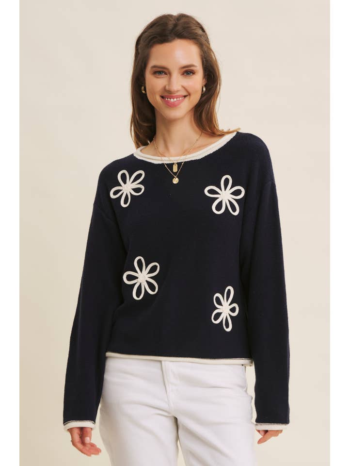 in february - Wholesale Knit Sweater - Women's - EFFORTLESS COMFORT CONTRAST FLORAL APPLIQUE SOFT SWEATER17
