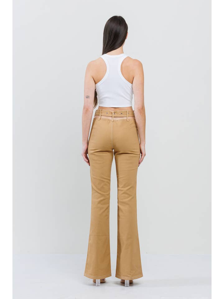 No Vacancy - Wholesale Pants - Women's - Cutout featured stitch belted on bell bottom pants
