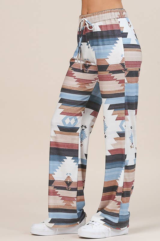 MOCHA BLUE AV1044-SELENA AZTEC PRINT RELAXED PANTS for wholesale on Faire5