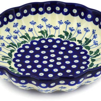 Fluted Bowl 9" Blue Daisy Peacock Theme for wholesale by Polmedia Polish Pottery