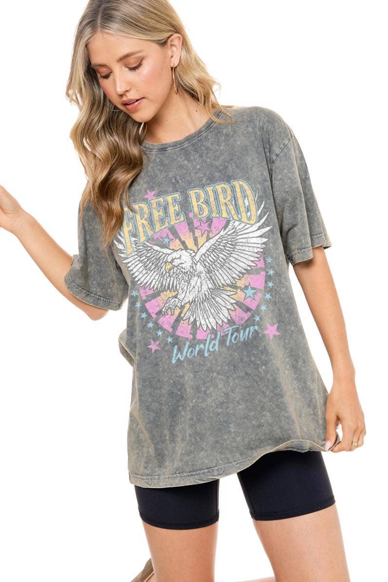 Zutter - Wholesale Screen Printed T-Shirt - Women's - Free Bird World Tour Graphic S/S Washed Boyfriend Fit Tee4