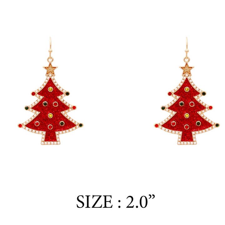 Boucles d'oreilles en métal 2" en forme de sapin de Noël revêtu de couleur rouge pour la vente par What's Hot
