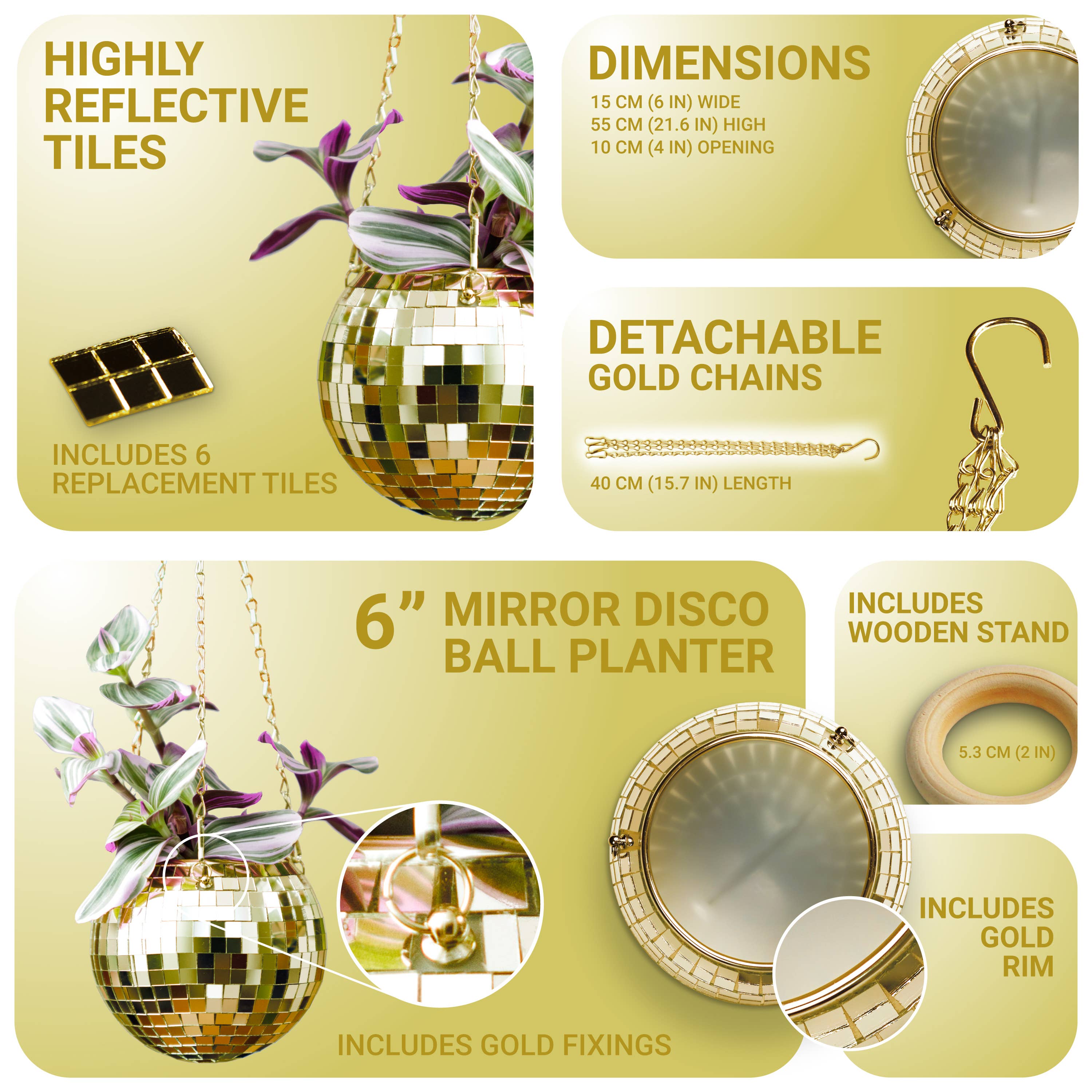 Bubblegum Stuff UK – Großhandel Pflanzenampel – Disco-Kugel Hängepflanzer Gold 6-Zoll | Wohnaccessoire Geschenk1