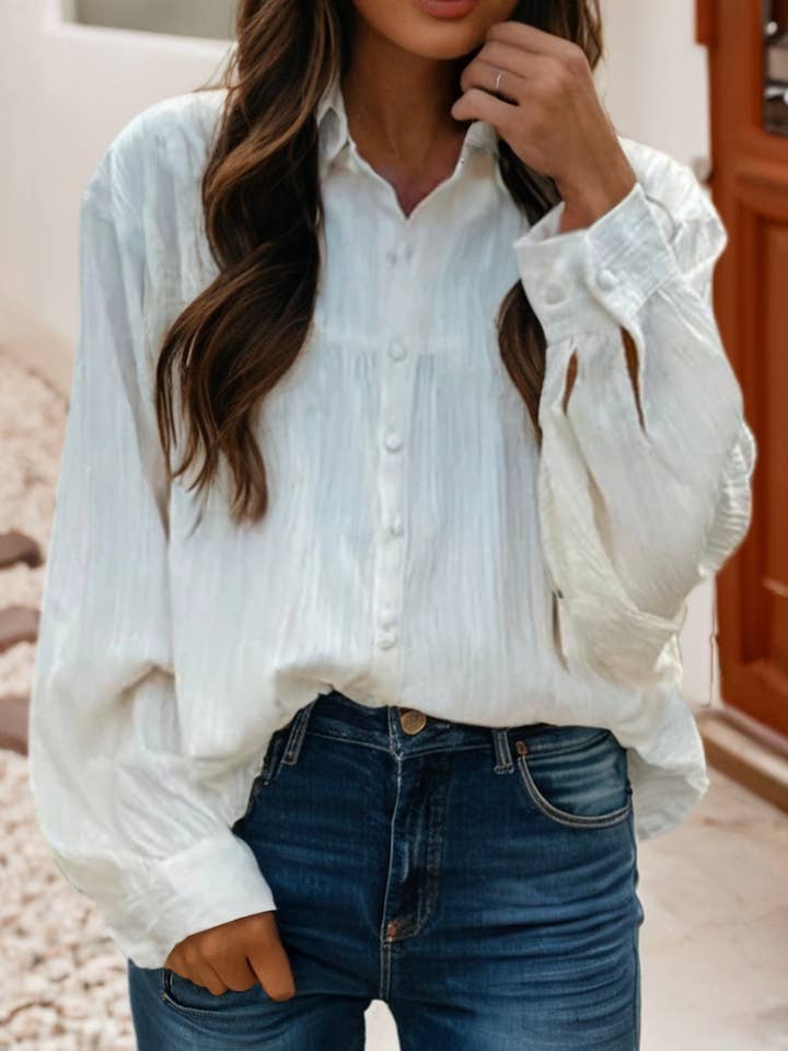 LDC Crinkled Texture Lantern Sleeve Button Down Loose Shirt for wholesale by Little Daisy Closet