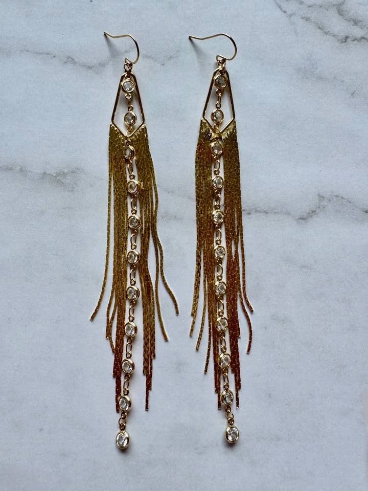 Amelie Gold Fringe and CZ Duster Earrings for wholesale by Jessica Matrasko Jewelry
