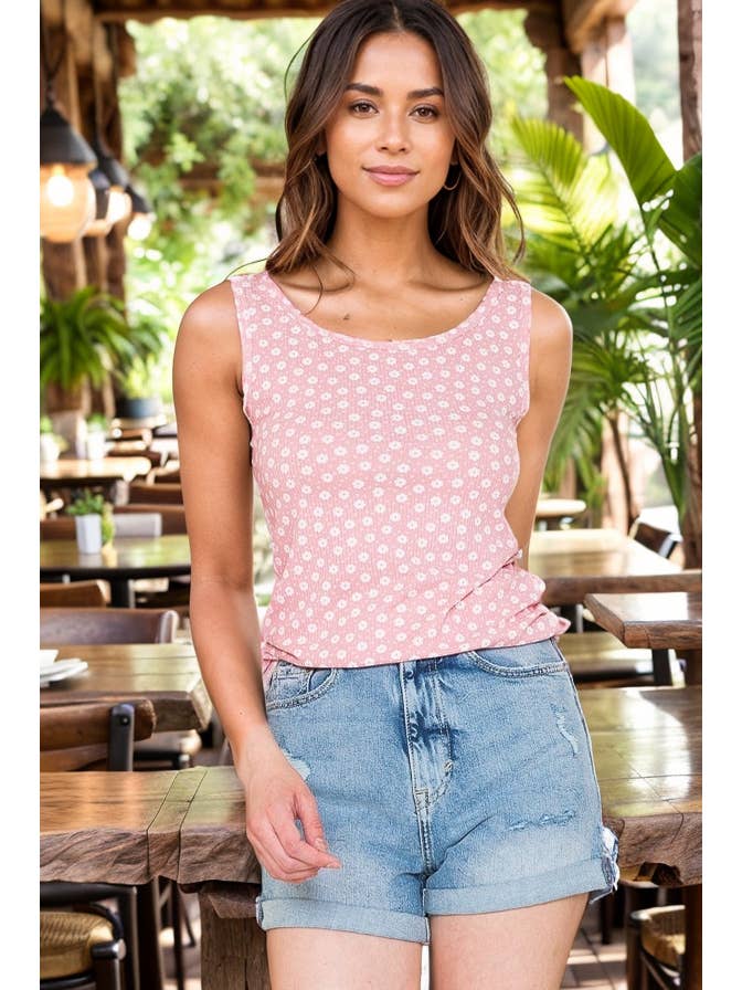 Burgundy Apparel - Wholesale Tank Top - Women's - DITSY FLOWER RIB TANK TOP