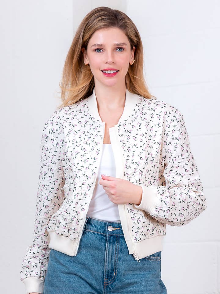 SJ94067T-LONG SLV PRINTED BOMBER JACKET for wholesale by Taelynn