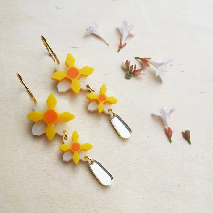 Yellow Petals Gold Hoop Earrings. M, handmade for wholesale by BiCA-Good Morning Design