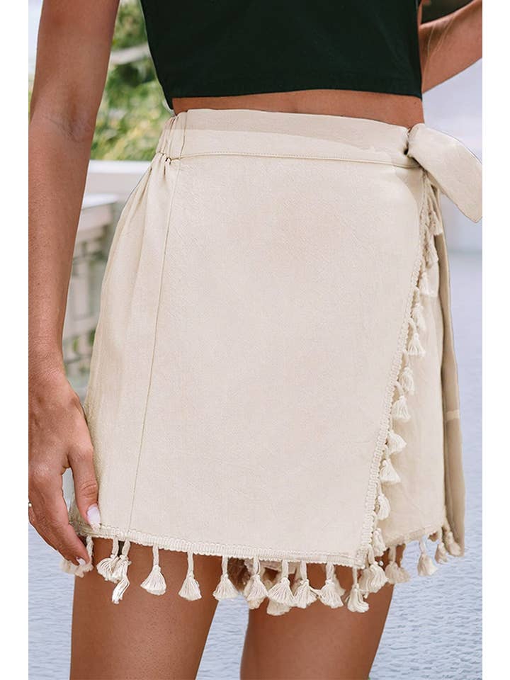 Apricot LDC Tassel Trim Wrap Knot Side Bohemian Style Mini Skort for wholesale on Faire