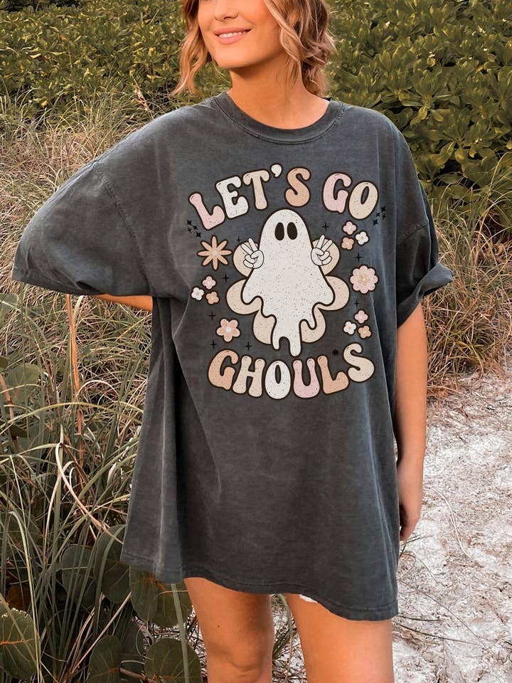 Let's Go Ghouls Ghost Garment-Dyed Halloween Tee for wholesale by Monday Muse