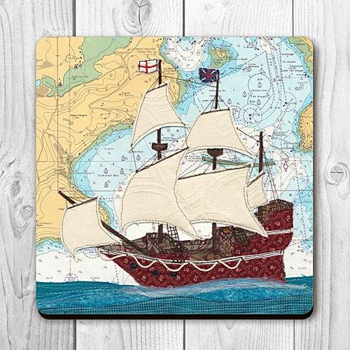 Mayflower at Cawsand Cornwall Coaster for wholesale by Hannah Wisdom Textiles
