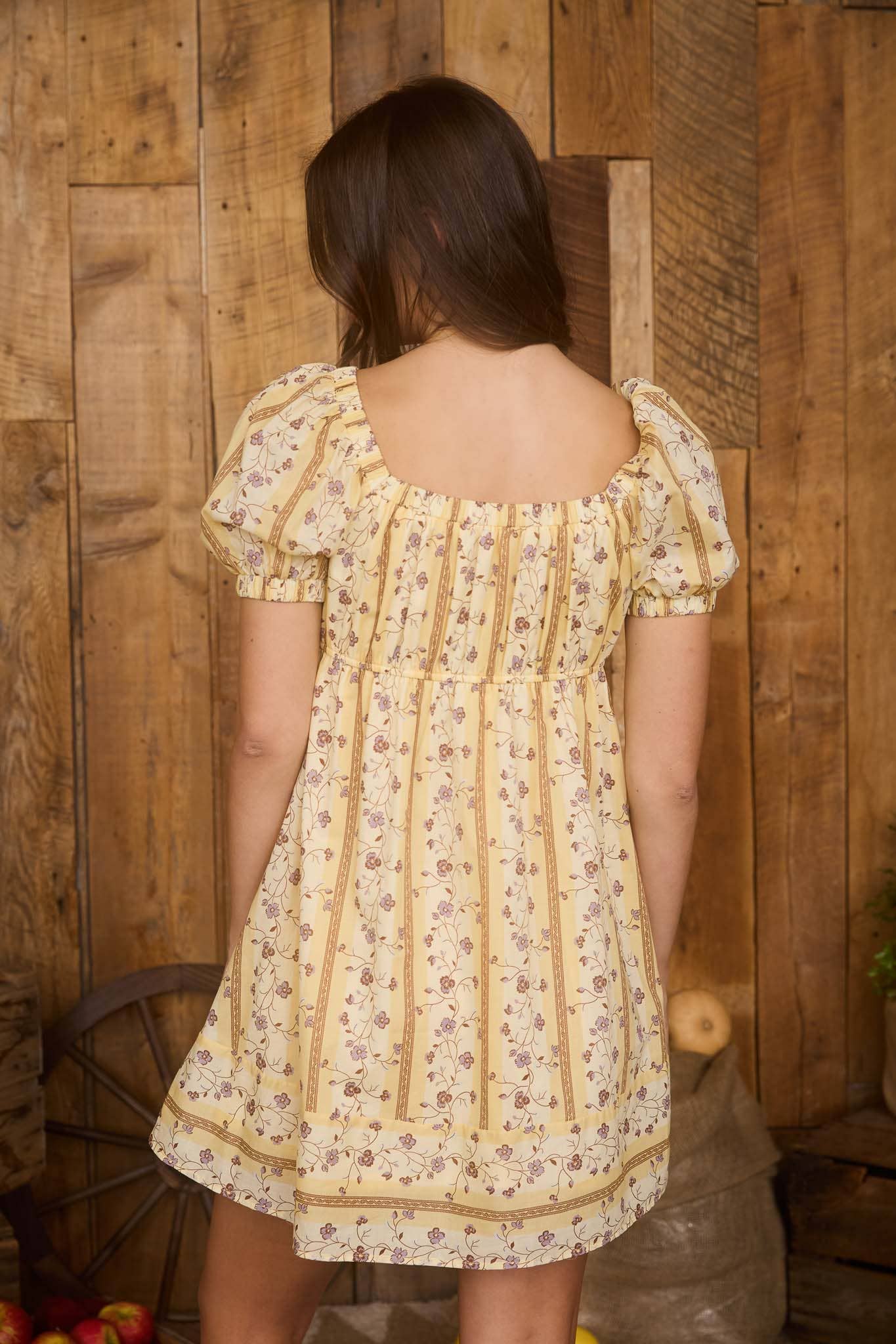 YELLOW MULTI FLORAL STRIPE PATTERN SHORT PUFF SLEEVE MINI DRESS for wholesale on Faire1