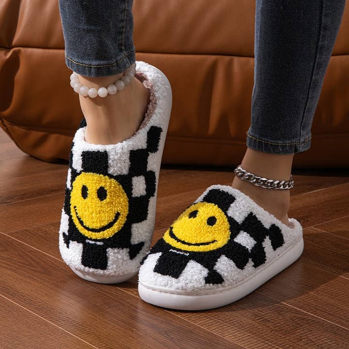 Black HOME CHECKERBOARD SMILEY FACE COTTON SLIPPERS_CWSHS0559 for wholesale on Faire