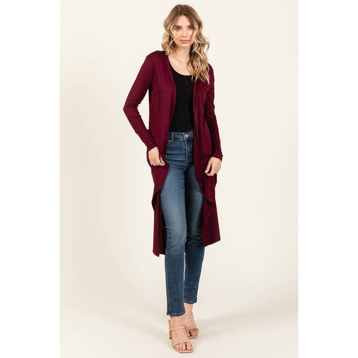 Solid Knee Length Open Front Long Sleeve Cardigan for wholesale by Timeless