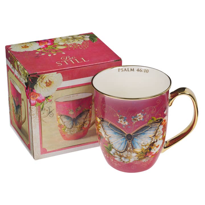 Christian Art Gifts - Vente Tasse à café - Mug rose/blanc Butterfly Be Still Ps. 46:102
