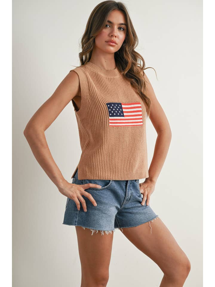 BUTTERMELON - Wholesale Knit Sweater - Women's - Flag Print Knitted Sleeveless Sweater - BMW7749