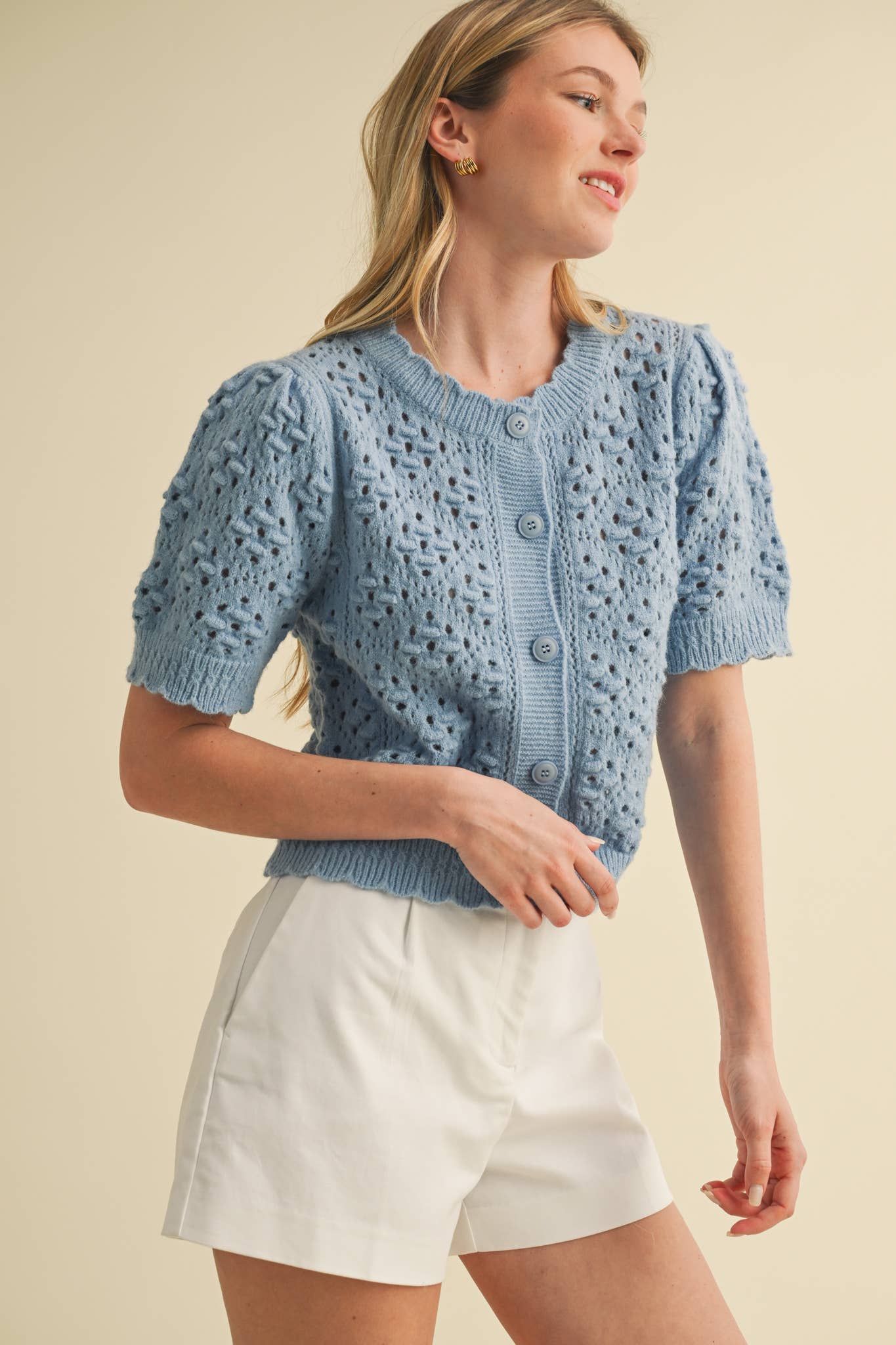 &MERCI - Wholesale Cardigan - Women's - CROPPED POINTELLE BUTTON DOWN SWEATER CARDIGAN MSW1085755