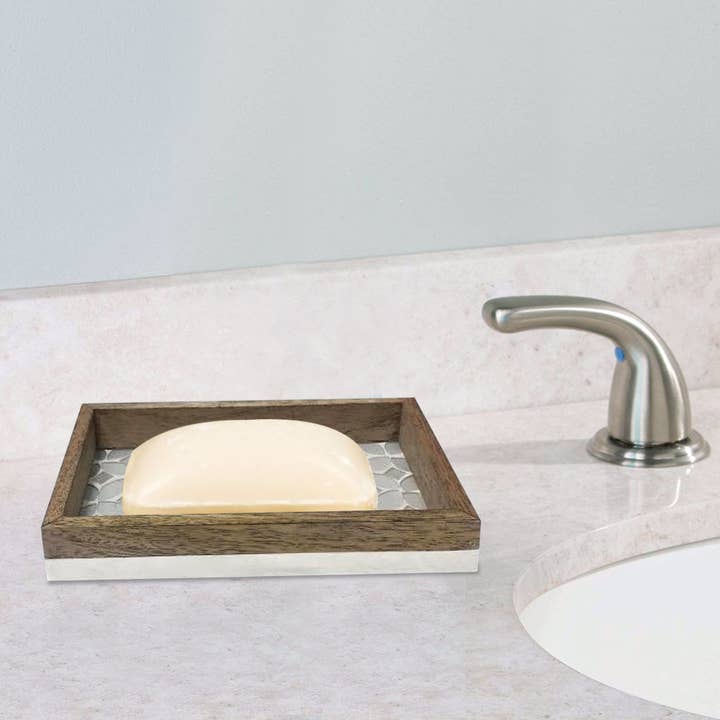nu steel - Venta al por mayor Platitos para jabón de baño - Jabonera Trillium en mosaico nacarado y madera