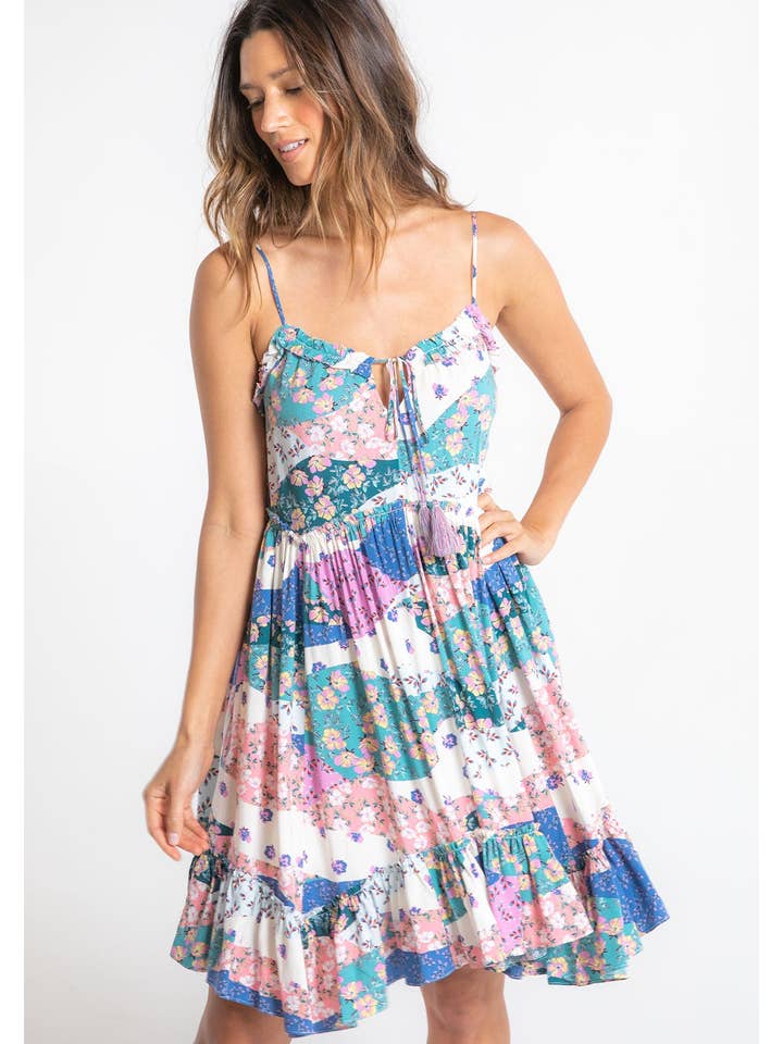 Ivory Jade Bohemian Floral Patchwork Tiered Mini Dress for wholesale on Faire
