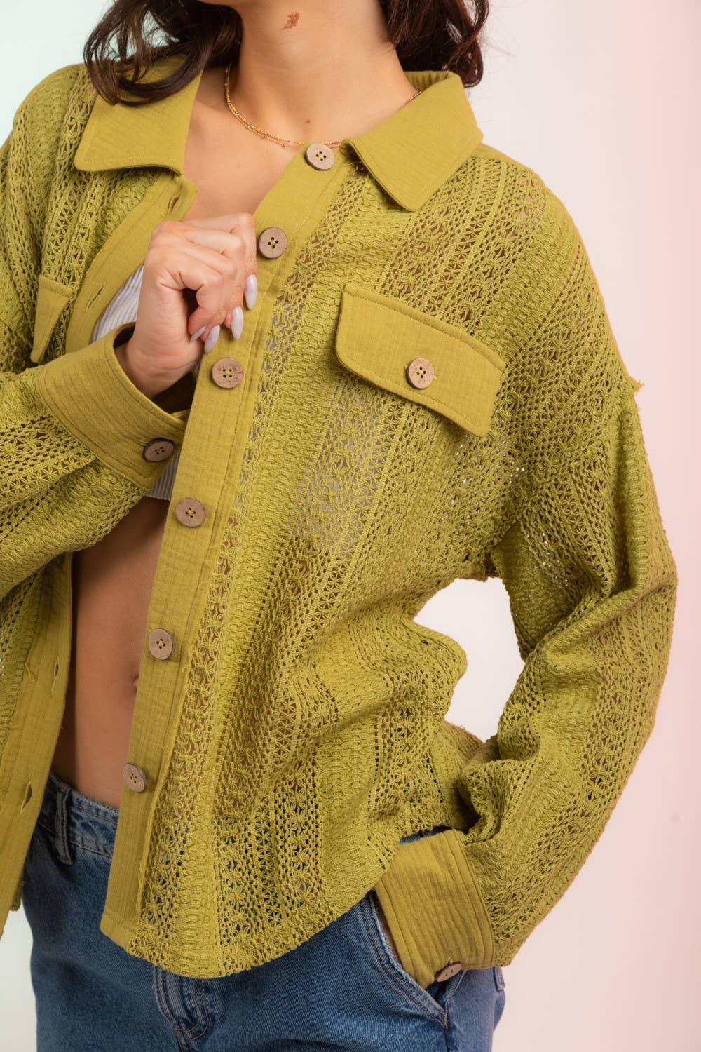 YELLOW NJ90118-Lace Crochet Button Down Sheer Shacket for wholesale on Faire3