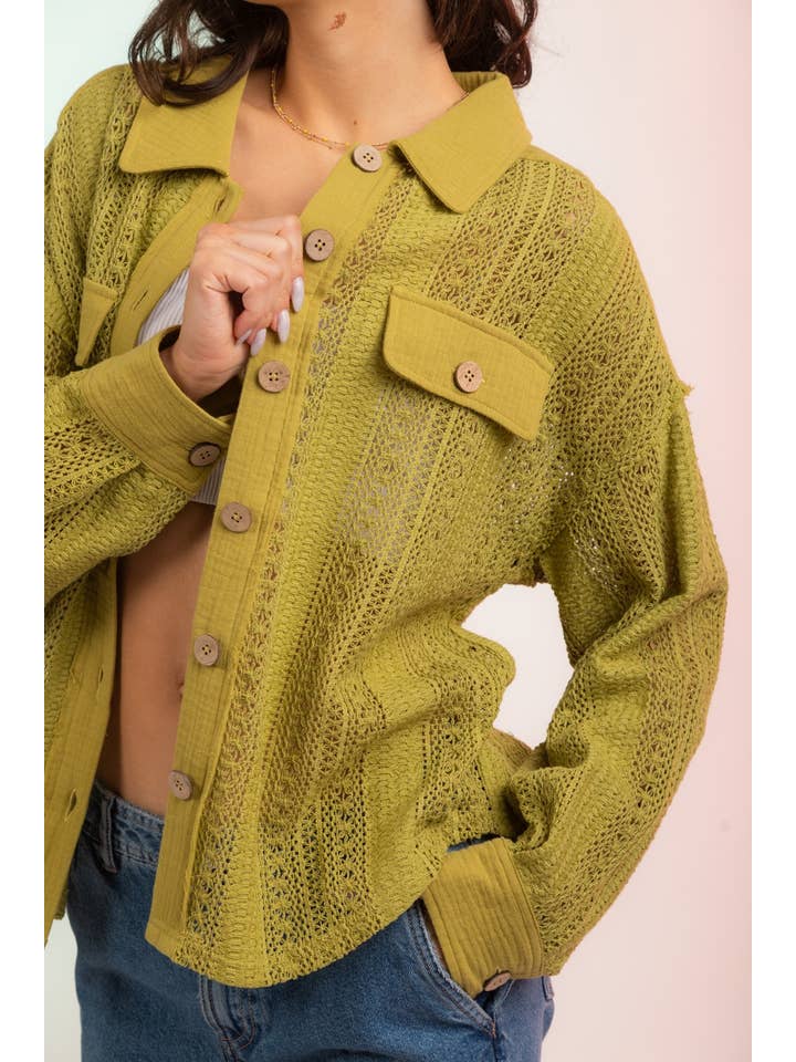 YELLOW NJ90118-Lace Crochet Button Down Sheer Shacket for wholesale on Faire3