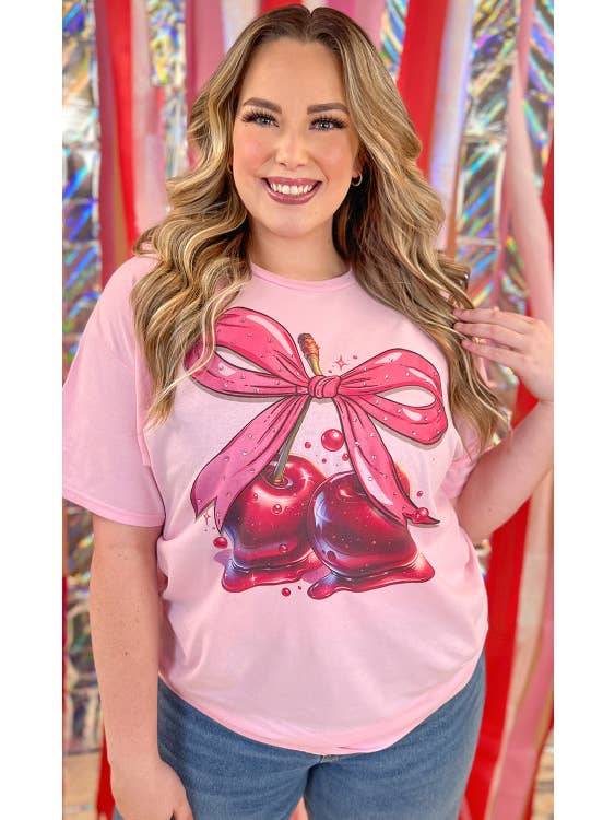 Sugar Stitch - Wholesale T-Shirt (Graphic) - Women's - Sweet Pink Bow Cherry Rhinestone Graphic T-Shirt