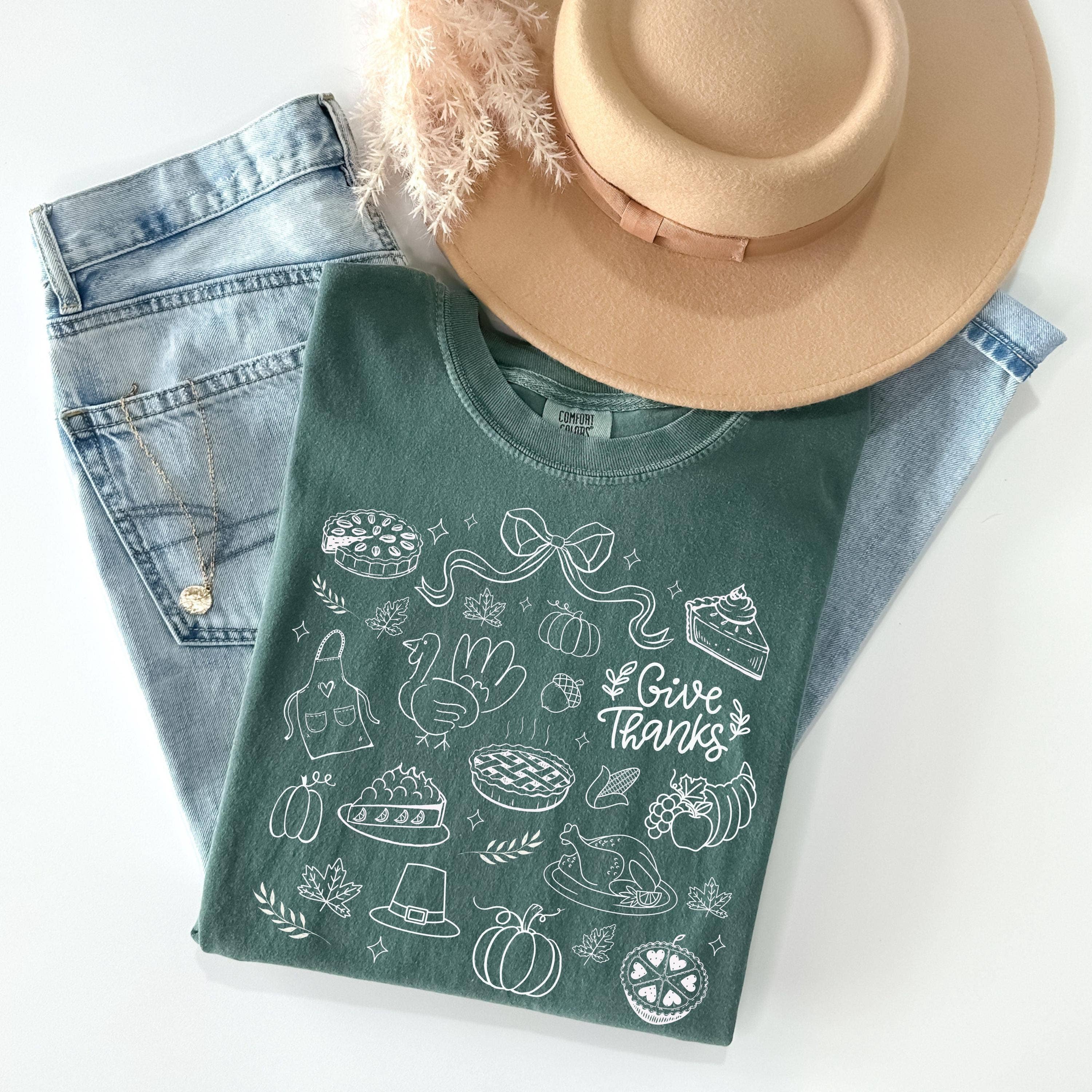 Glaime - Wholesale T-Shirt (Graphic) - Women's - Comfort Colors Thanksgiving Doodle Shirt, Give Thanks Shirt1