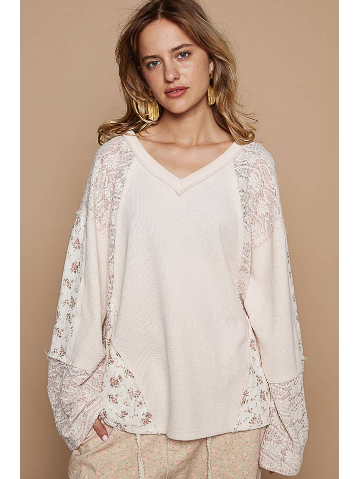 Pol Clothing - Wholesale Knit Top - Women's - Long sleeve contrast flower thermal knit top SALE