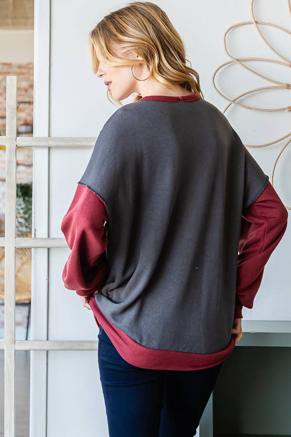 7th Ray - Wholesale Knit Top - Women's - Color Block Front Pocket Oversized Long Sleeve Top T53451