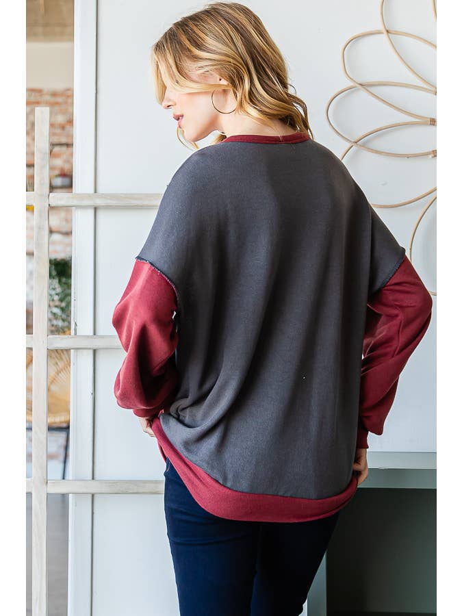 7th Ray - Wholesale Knit Top - Women's - Color Block Front Pocket Oversized Long Sleeve Top T53451