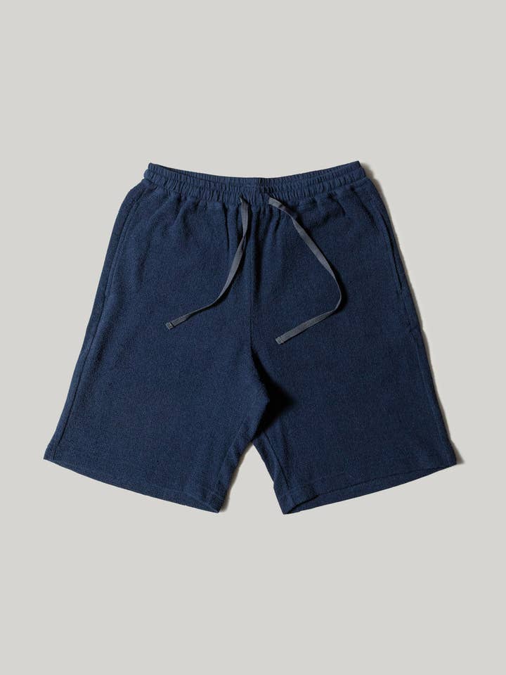 Pantalones cortos relajados de felpa de algodón, azul marino para venta al por mayor de Morihata International Ltd. Co.