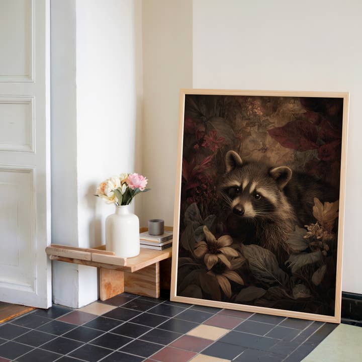 IuliiaArtPrints - Wholesale Art Print - Dark Academia Raccoon Print – Woodland Animal & Fall Florals2