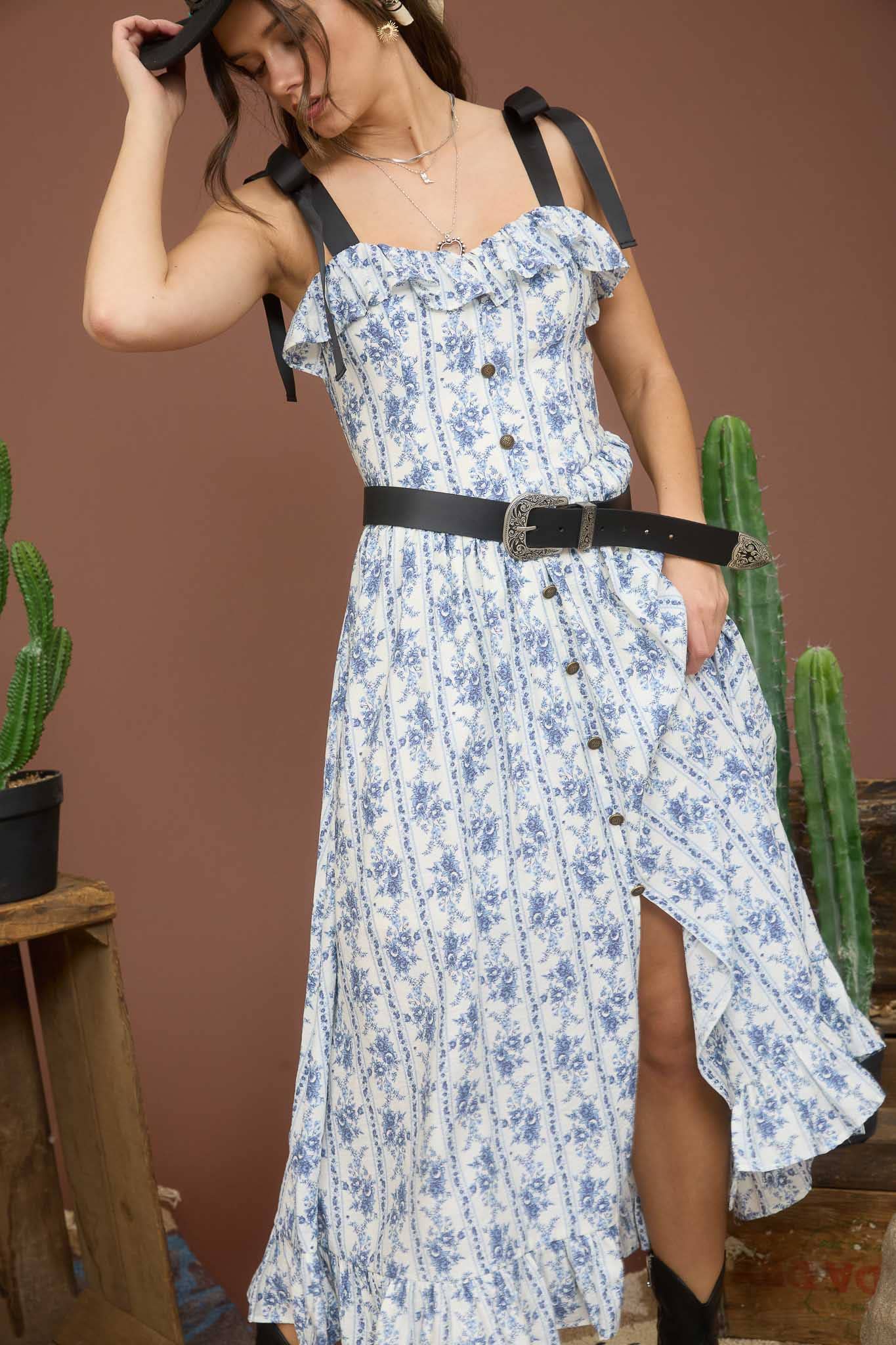 Blu Pepper - Wholesale Dress - Women's - STRIPE FLORAL RUFFLE DETAIL BUTTON DOWN MIDI DRESS3