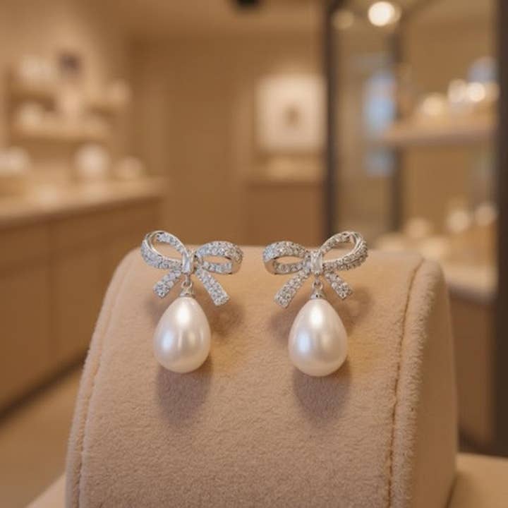 Athena Bridal Jewellery - Wholesale Dangle Earrings - CUBIC ZIRCONIA COLLECTION - GLAM BOW EARRINGS - SILVER CZER84