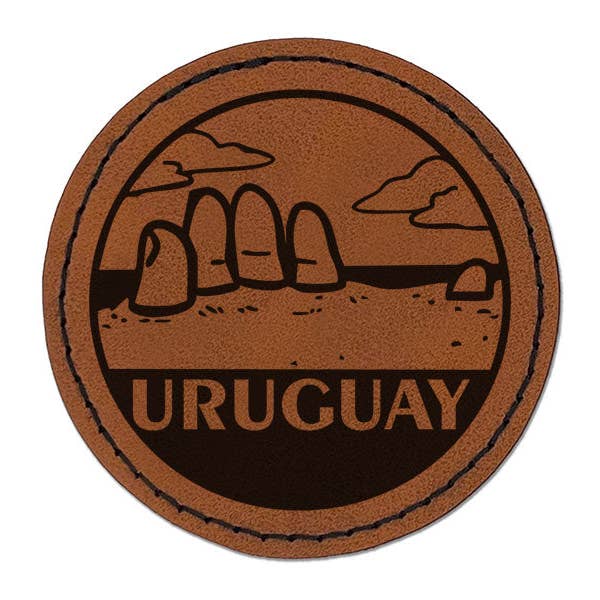 Uruguay La Mano De Punta Del Este Country Round Iron-On Engraved Faux Leather Patch Applique - 2.5 Inch - Brown for wholesale by Sniggle Sloth