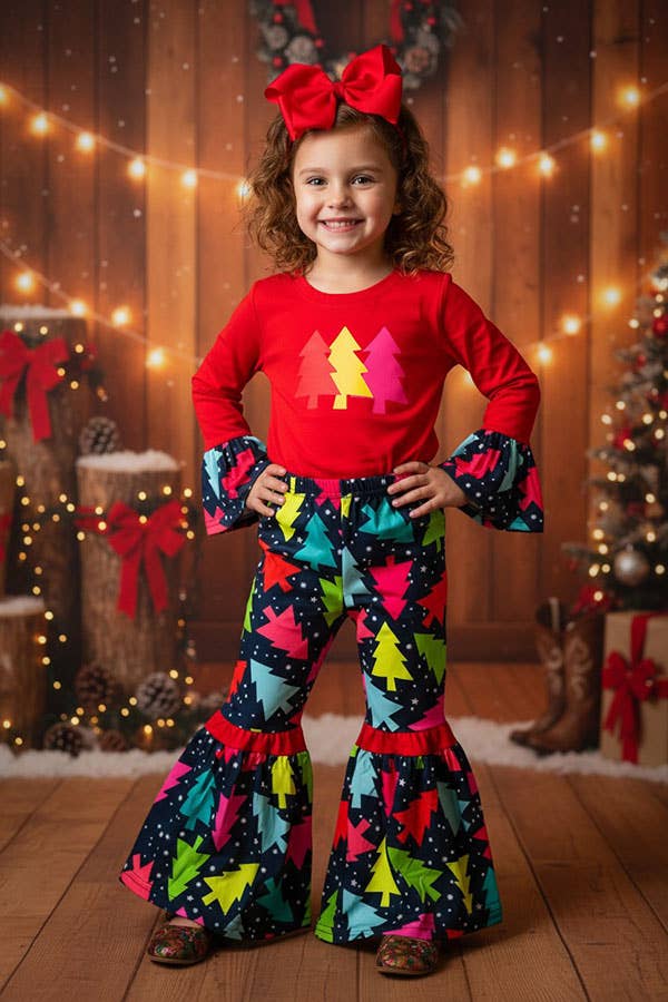 luluclothes - Wholesale Top & Pant Set - Kids - DLH0824-2 Christmas trees prints red top pant girls sets1