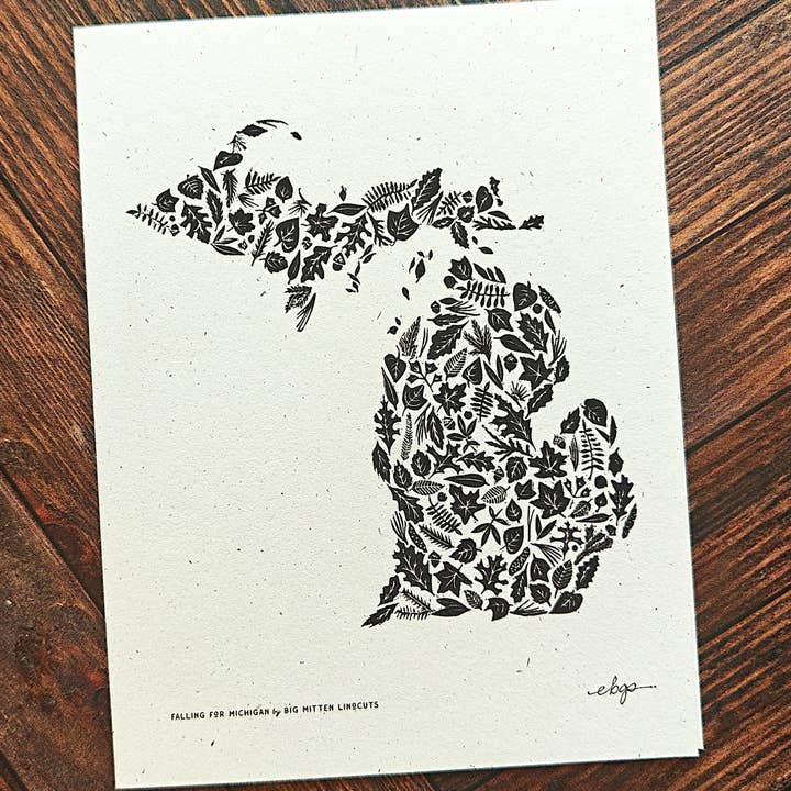Falling for Michigan Linocut Card for wholesale by Big Mitten Linocuts