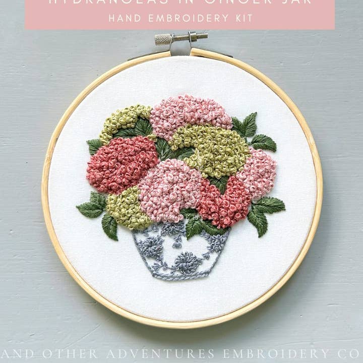 Hand Embroidery Kit - Mauve & Lime Hydrangeas in Ginger Jar for wholesale by And Other Adventures Embroidery Co