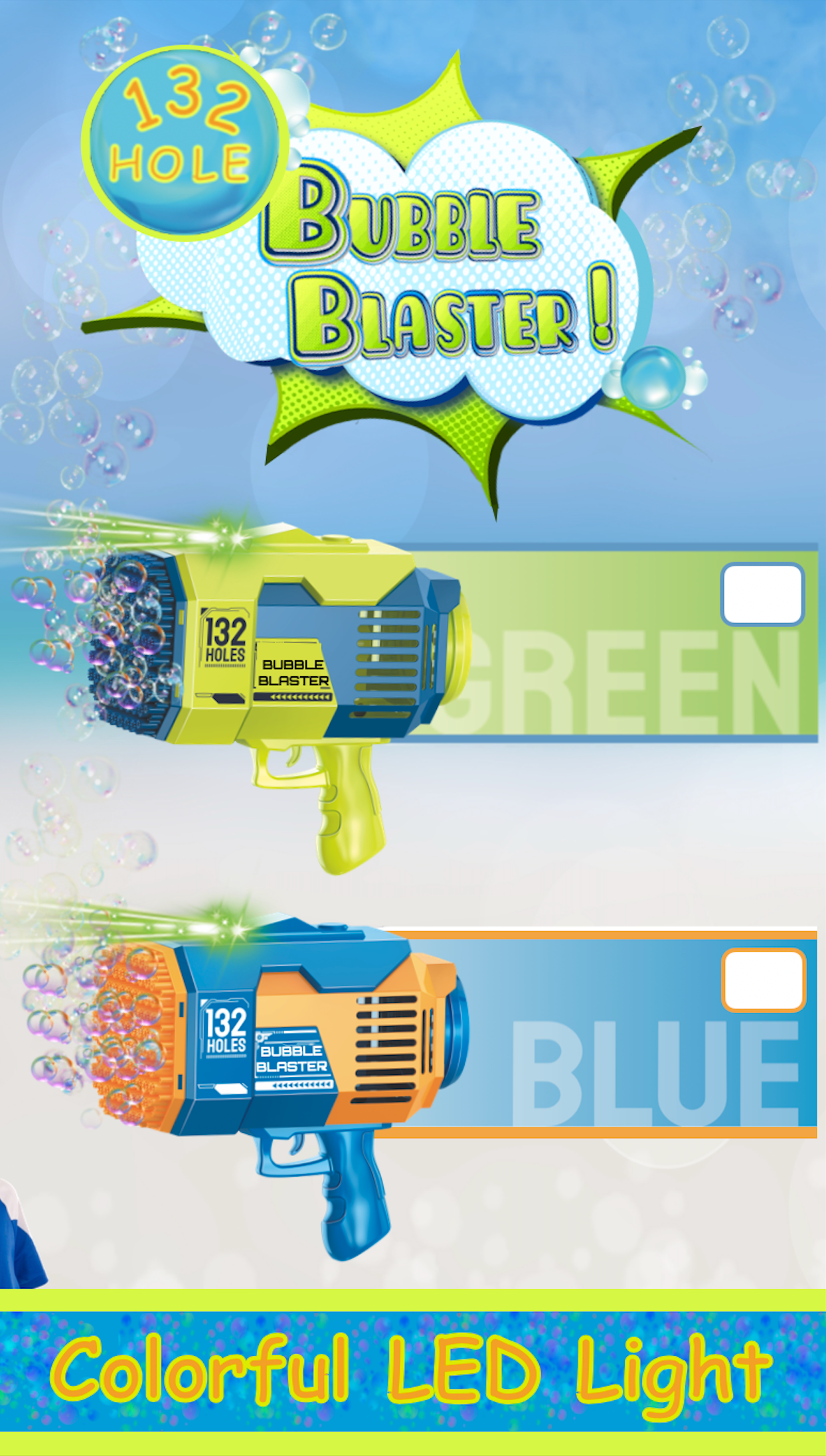 A caixa contém 4 azul/laranja e 4 azul/verde 132 Buracos Bubble Blaster para venda a revendedores na Faire5