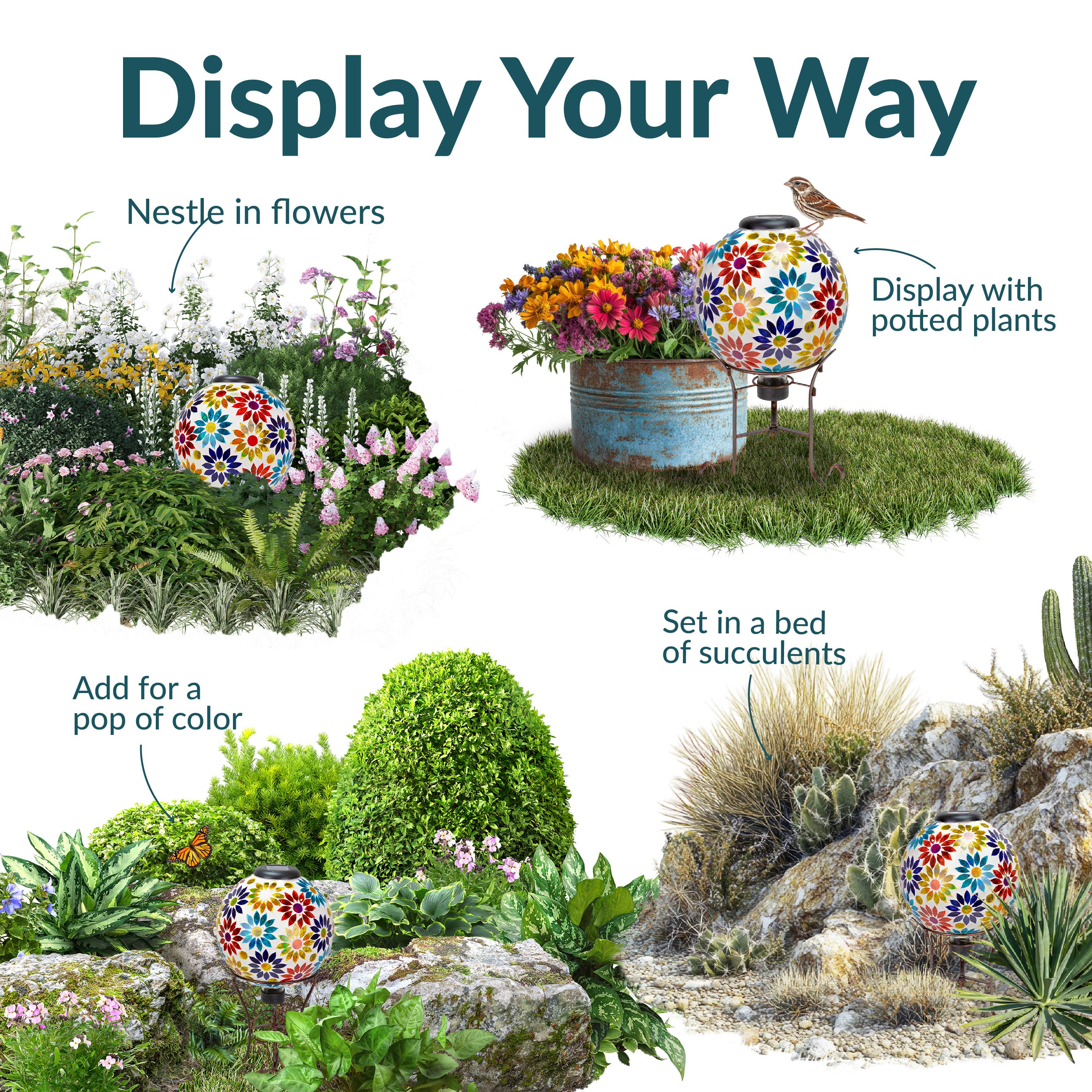 Sunnydaze Decor - Wholesale Outdoor Ornament/Decor - Midsummer Dahlias Glass Gazing Ball with Solar Light - 10 in3