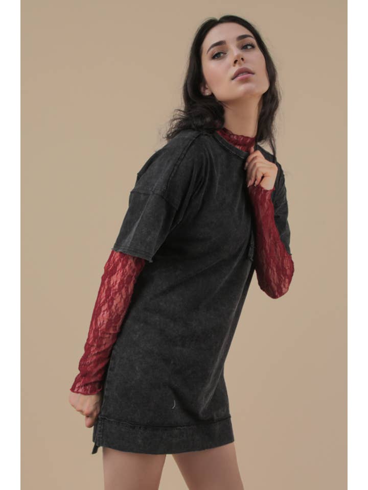 VERY J - Wholesale Dress - Women's - ND31634-Mineral Washed Knit Oversized Shift Mini Dress