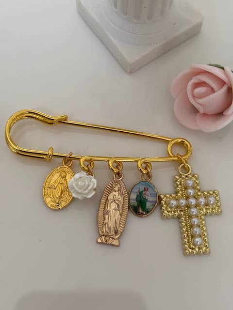 Ex-voto brooch, religious medal cross brooch, cross gift for mom, cross gift for woman, white rose cross charm for wholesale by Miss DJ Angel