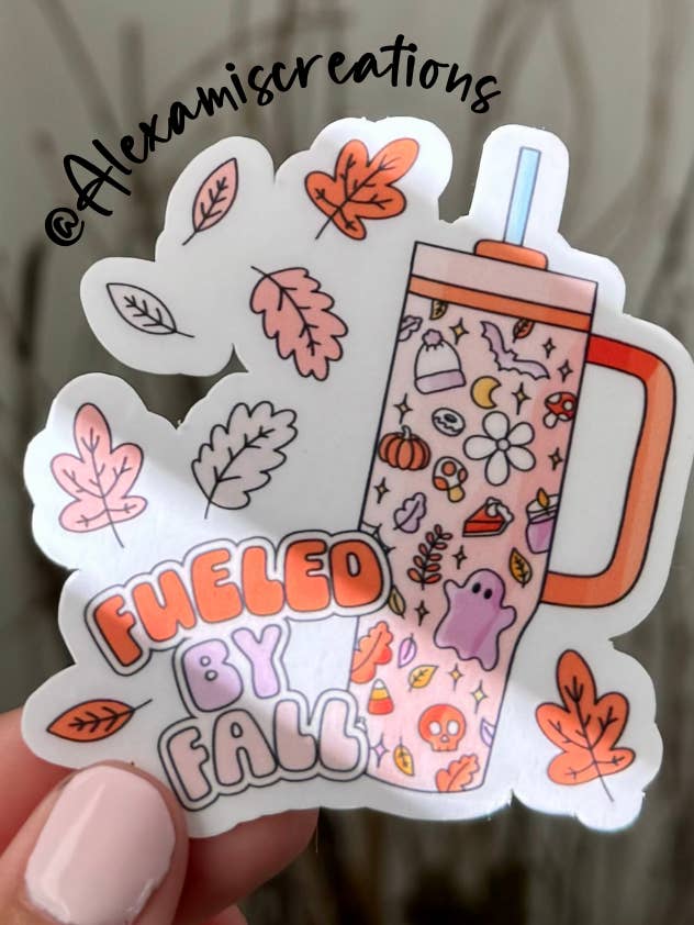 Fueled by fall Glossy Waterproof Sticker Vinyl, Fall Autumn for wholesale by Alexa Miscreations Shop