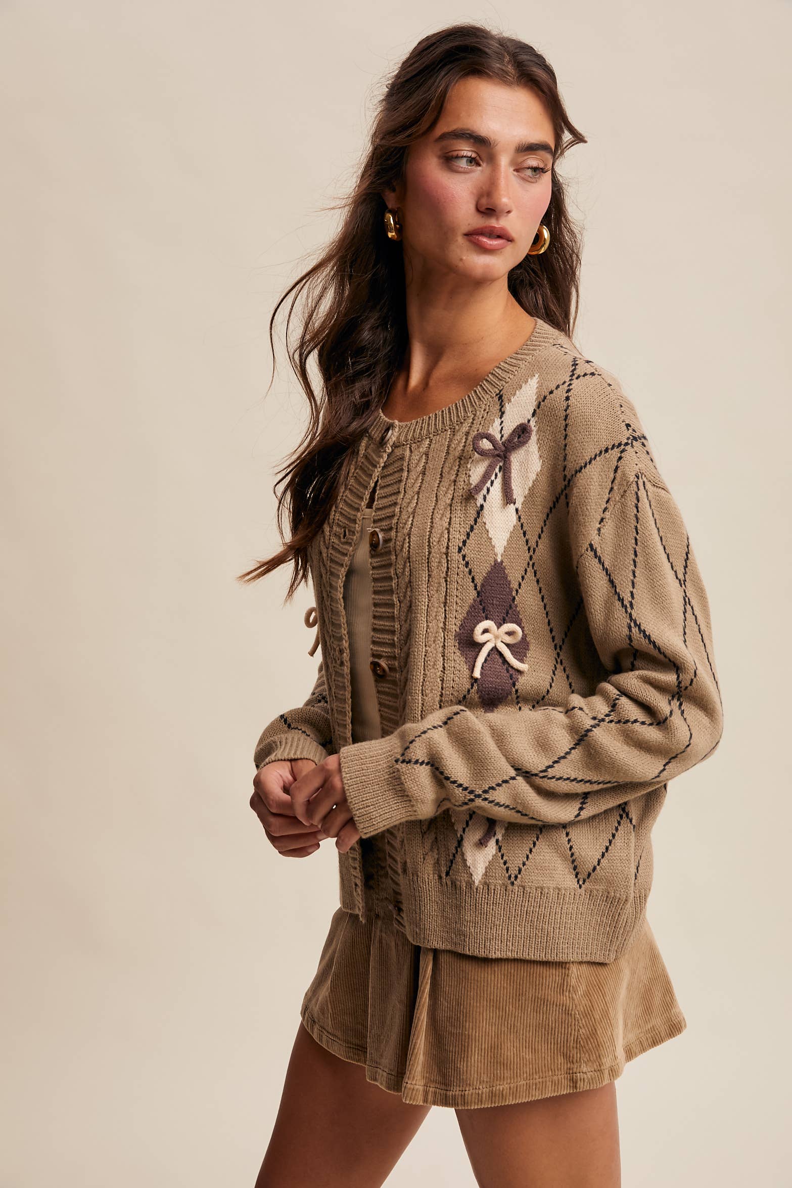 Listicle - Venta al por mayor Cárdigan - Mujer - Cárdigan de Punto con Detalle de Lazo Argyle LSW097311