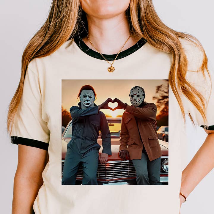 Michael And Jason Heart Photo Horror Halloween Ringer Tee for wholesale by Sister Ray
