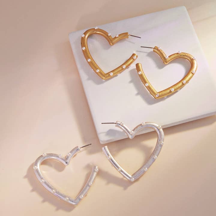 Valentines Day Pearls W Heart Metal Hoop Earrings Hypoallerg for wholesale by Verita Lane