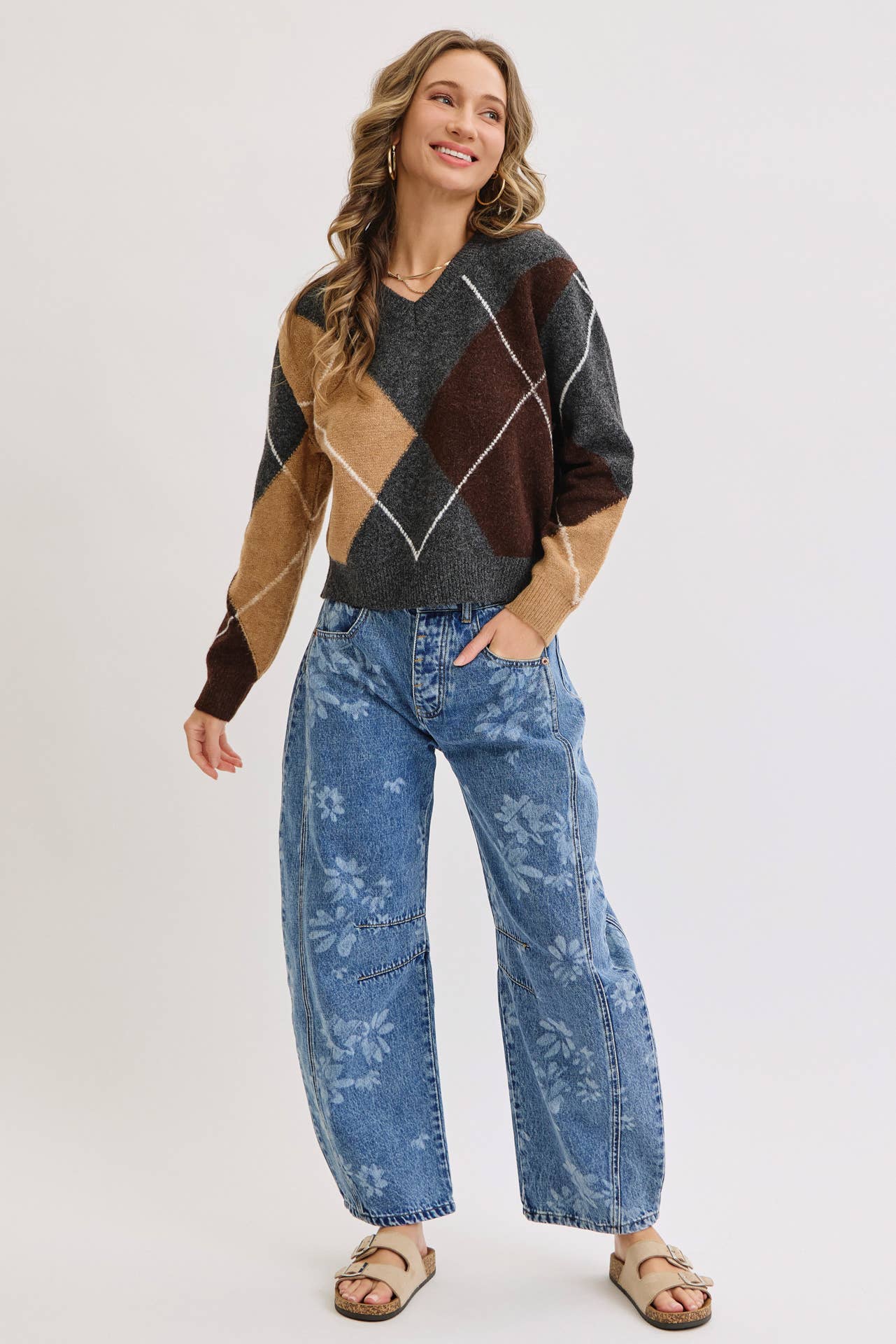 FLORAL PRINT DENIM BARREL JEANS for wholesale on Faire34